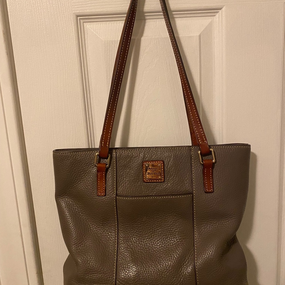 Dooney & Bourke Taupe Pebbled Leather Shoulder Tote with Brown Straps